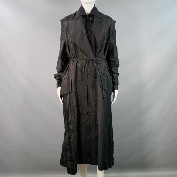 Size S Black Linen Blend Stripe Layered Double Breasted Trench Coat - Picture 1 of 9